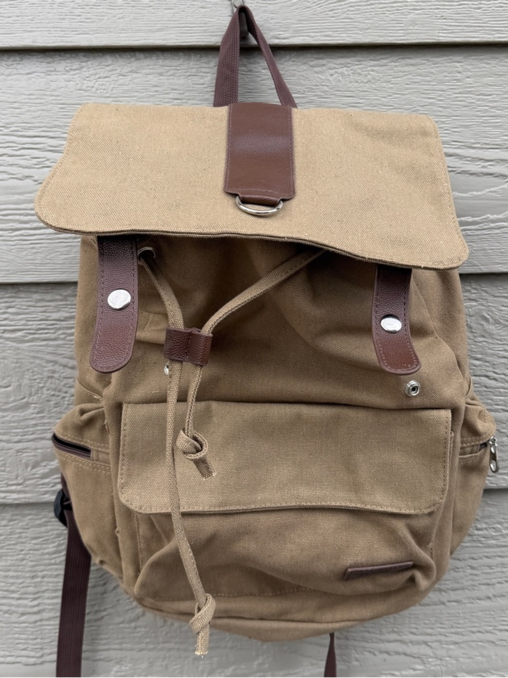 Bella Russo Canvas Backpack Unisex Drawstring Flap Zipper Pockets Faux Leather - Picture 10 of 11